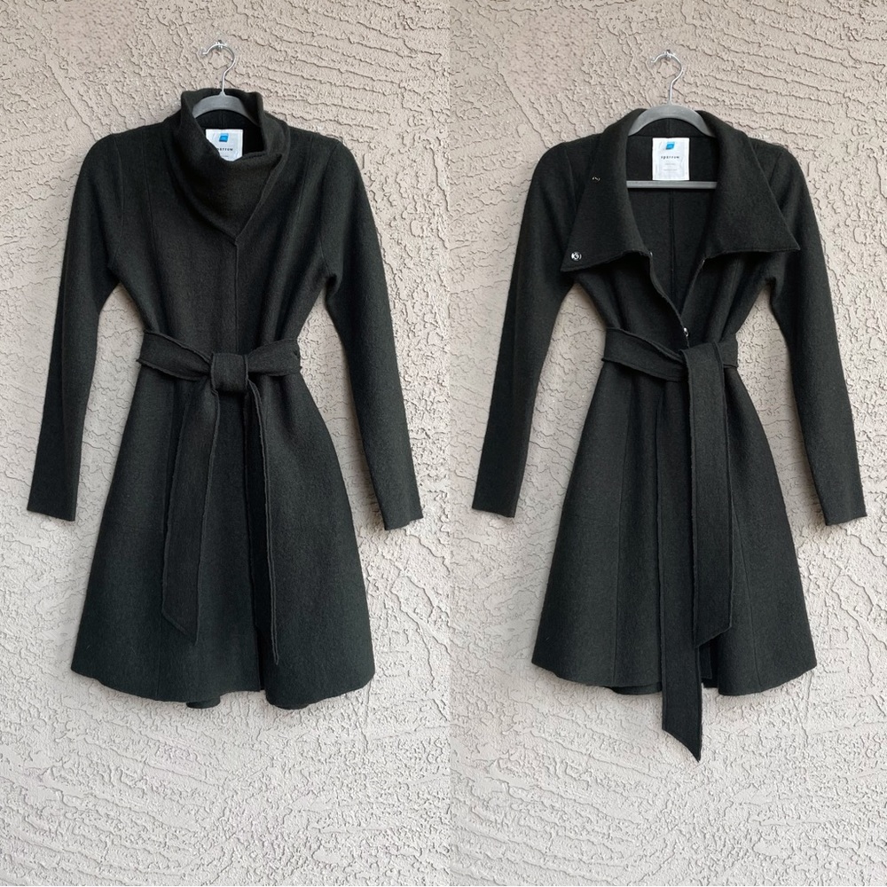 ANTHROPOLOGIE SPARROW Forest Green Lightweight Textured Wool Belted Sweater Coat